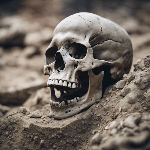 고고학자의 발굴 현장에서 방금 발굴된 고대 회색 두개골.