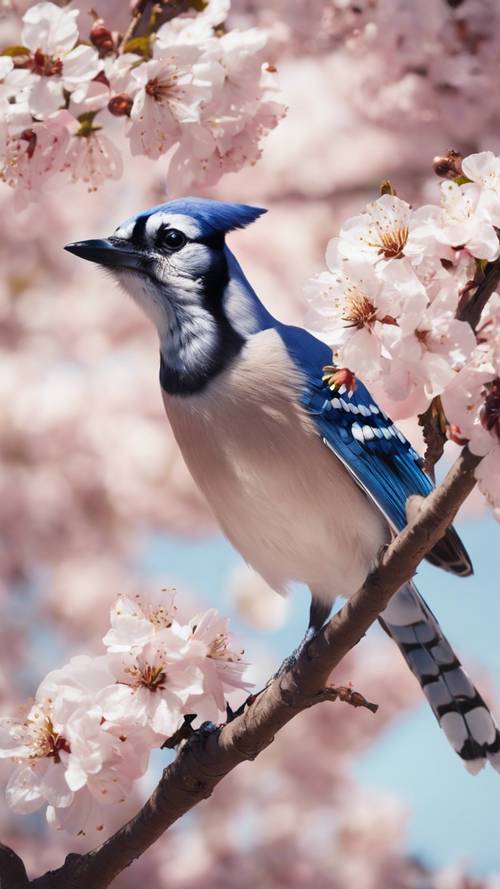 화창한 봄날 아침에 꽃이 만발한 벚꽃 가지에 블루 제이가 쉬고 있습니다.