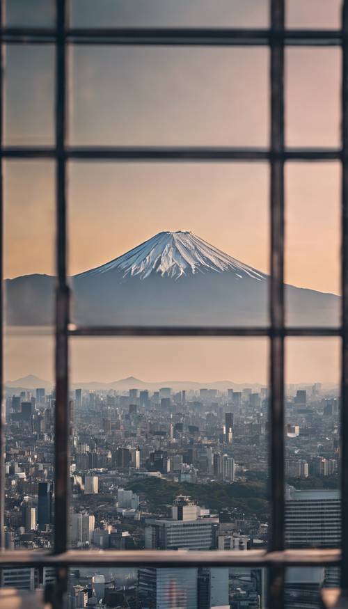 „Góra Fuji widziana z wieżowca w Tokio”.
