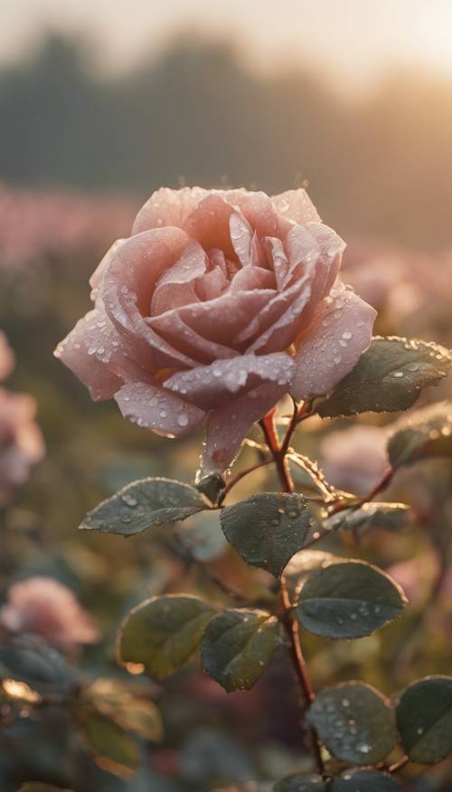 Un gros plan d’une rose antique en pleine floraison, embrassée par la rosée, sur un lever de soleil brumeux.