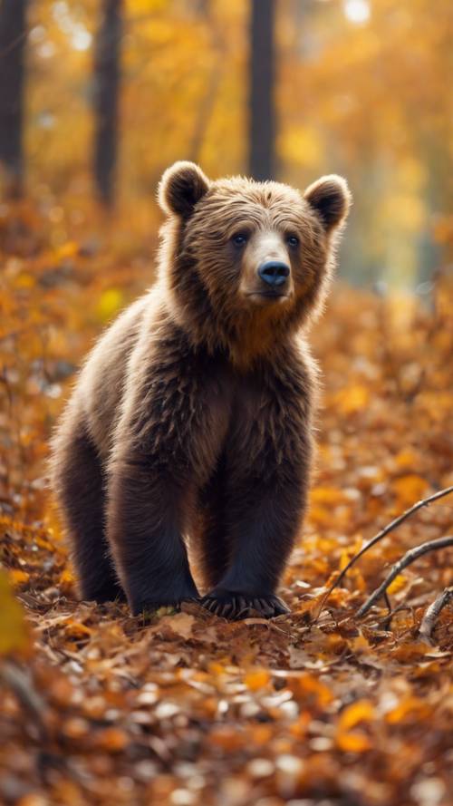 A cuddly brown bear cub curiously exploring a colorful autumn forest.
