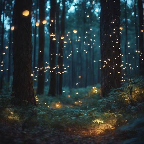 Uma floresta fresca durante o crepúsculo, com vaga-lumes brilhando suavemente entre as árvores.