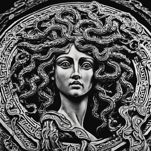 A detailed, high contrast linocut of Medusa holding the head of Perseus.