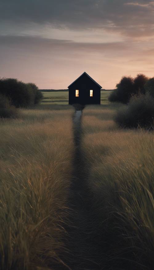 סצנת דמדומים של שביל צר החותך דרך שדה דשא שחור, המוביל לבית בודד.