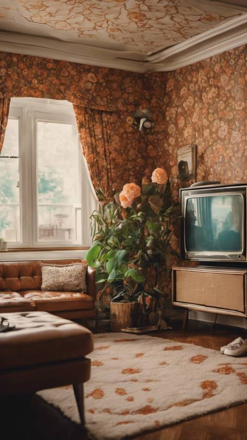 A retro 1970s living room with floral wallpaper dominating the scene. Tapet [48b79837d4ce450cb78e]