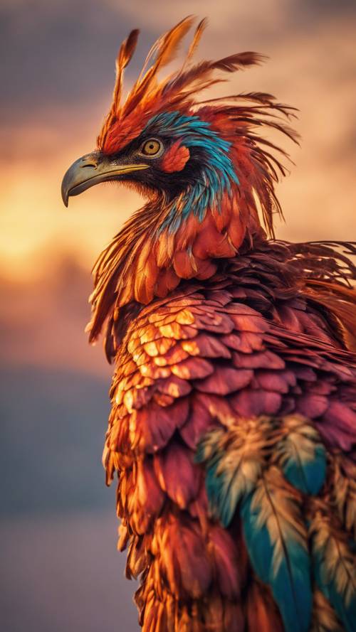 Un profil latéral détaillé d&#39;un phénix majestueux, son plumage embrasé par les couleurs d&#39;un coucher de soleil fumant.