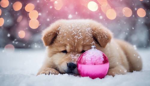 Um filhote de chow brincalhão mastigando uma bola de Natal rosa em um tapete coberto de neve.