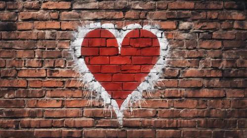 An exposed brick wall with spray-painted Broken Heart logo, representing the emo culture.