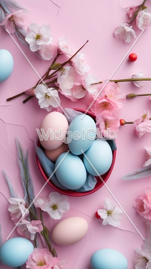 Flores primaverales y huevos pastel