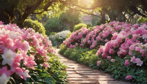 Jalan taman yang elegan dipenuhi cahaya pagi, dilapisi bunga melati putih dan azalea merah muda.