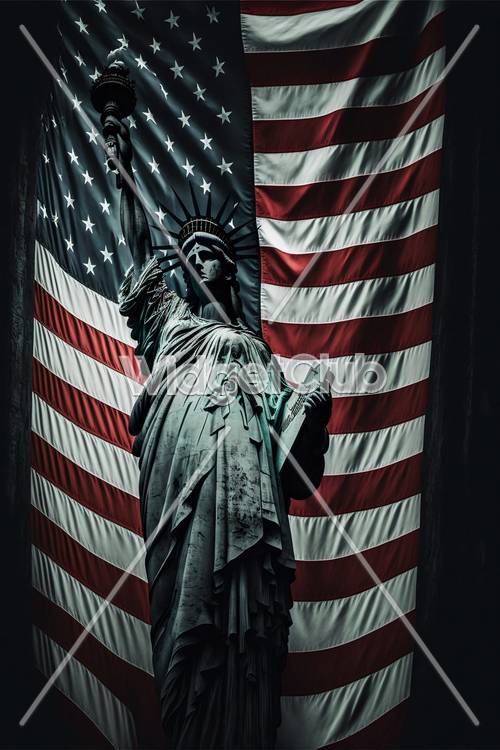 Cena da bandeira americana e da estátua da liberdade