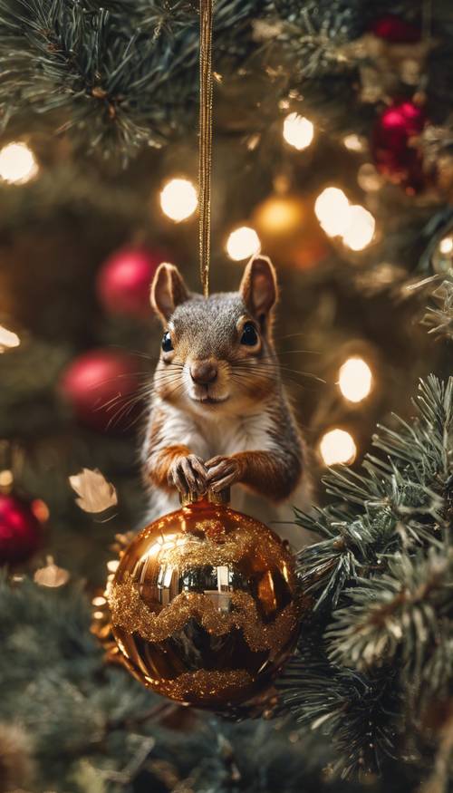 Uno scoiattolo dispettoso che nota il suo riflesso in una scintillante decorazione natalizia appesa in basso all&#39;albero.