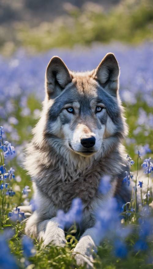 A blue wolf sitting amidst a field of vibrant bluebell flowers under a clear sky.