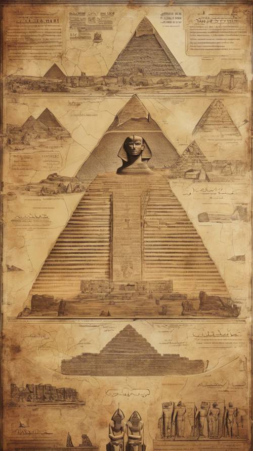 מפה של מצרים העתיקה עם ציוני דרך מפורסמים כמו הפירמידות והספינקס. טפט [af55139a55564e42be9c]