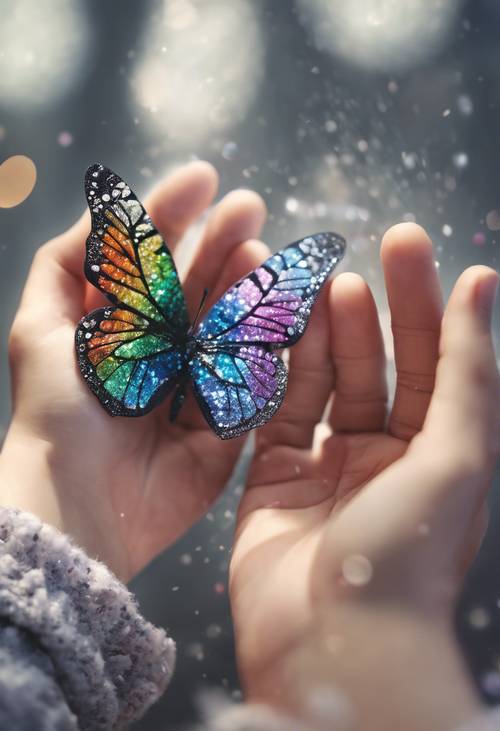 Gri parıltılarla parıldayan renkli bir kelebeğin kanatlarını tutan çocuğun elleri.