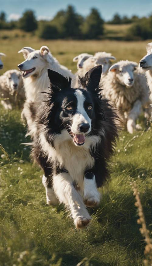 Un Border Collie énergique qui rassemble un troupeau de moutons laineux dans une prairie herbeuse sous un ciel bleu clair.