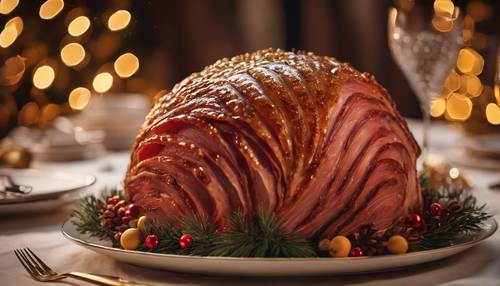 A rustic, golden-brown honey-glazed ham centerpiece for a Christmas banquet.