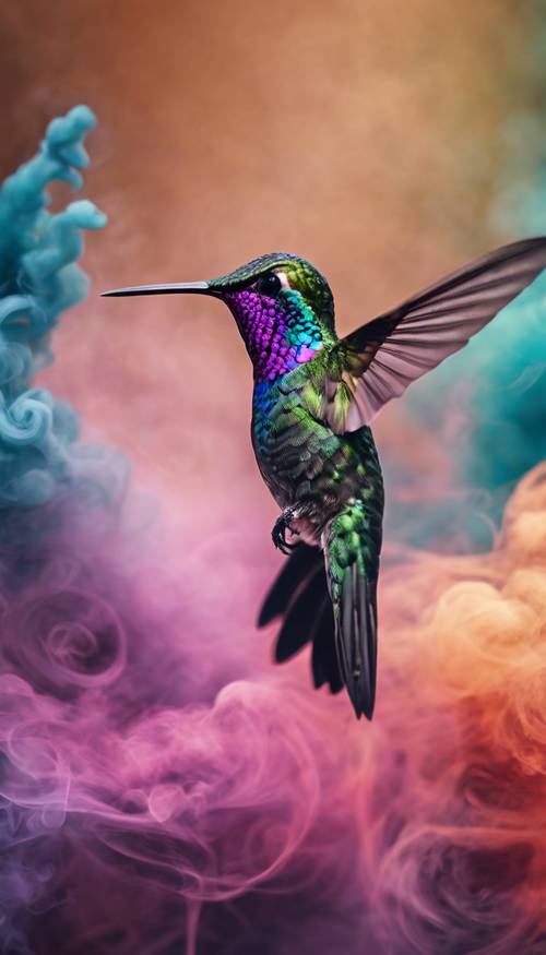 호기심 많은 벌새가 취하게 만드는 밝은 색깔의 연기의 나선형 사이를 누비고 있습니다.