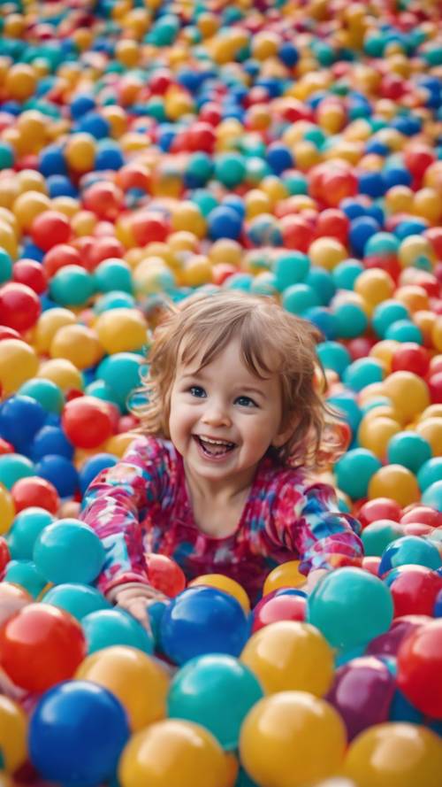 Un&#39;adorabile bambina che sguazza allegramente in una piscina di palline di plastica colorate.