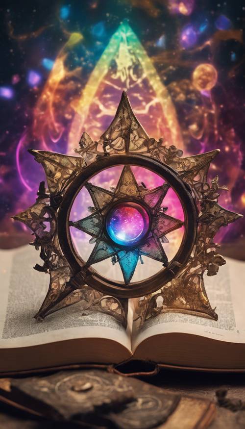 An old, worn book opened to a page filled with arcane symbols, encircled by a vibrant, multi-hued aura. Behang [69f9023b311d426a9a94]