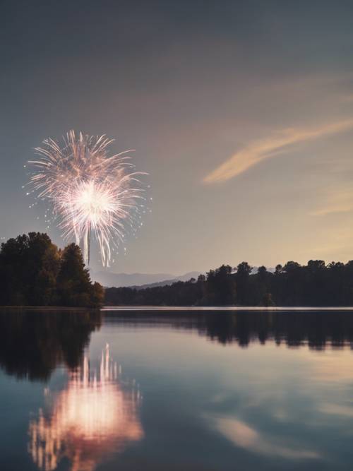 A calm and serene lake, with a Fourth of July firework's reflection shimmering in the still water.