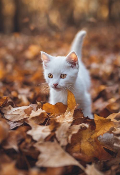 Seekor anak kucing putih menggemaskan dengan mata emas bersembunyi di tumpukan dedaunan musim gugur.
