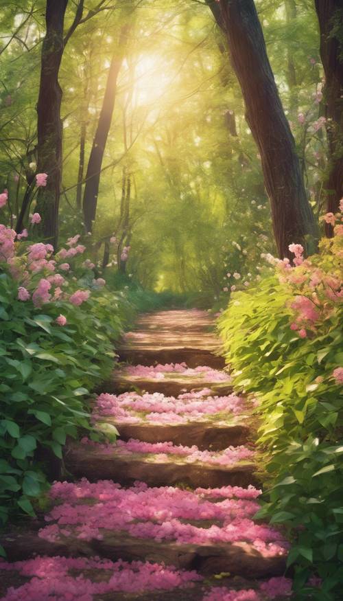 A vibrant painting of a sunlit path draped in fresh foliage and petals in a tranquil spring forest.