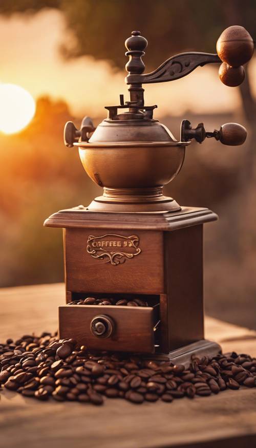 An antique coffee grinder with freshly ground coffee beans against a backdrop of a warm sunset.