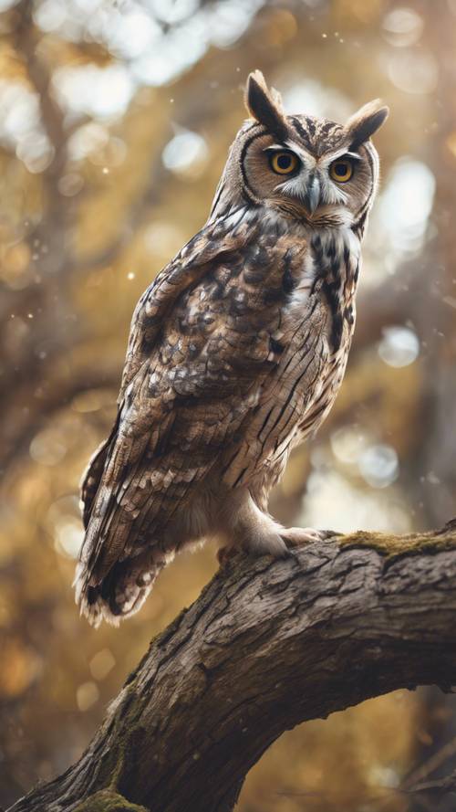 A peculiar owl perched on the branch of an old tree, eyes as bright as the sun and moon. Tapet [7946795b64c54e8091ca]