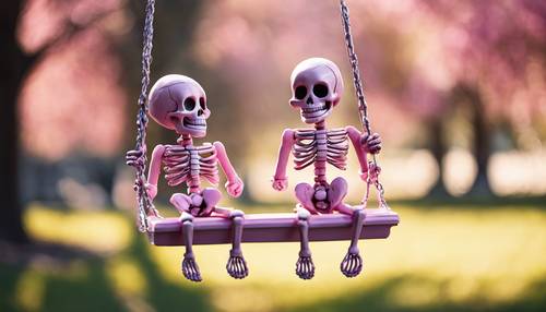 A toddler-size pink skeleton playing on a swing in a sunny park. Tapet [2afe4dfa92a04ac79803]