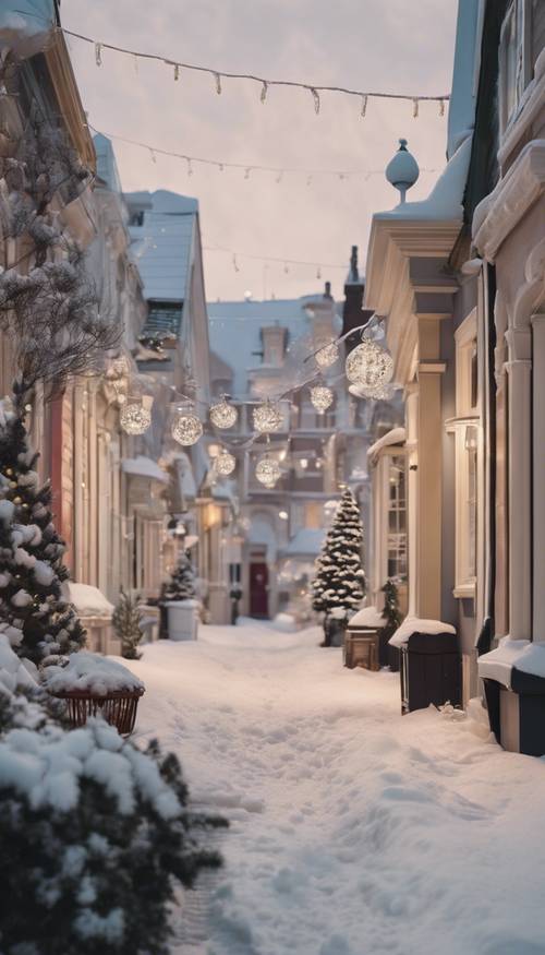 A Christmas themed street with Victorian style houses, covered in a gentle dusting of snow and holiday decorations. Taustakuva [c4a4c329c41945179a88]