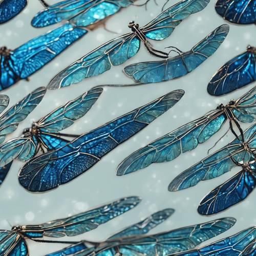 きらめく青色の珍しいトンボの羽の柄