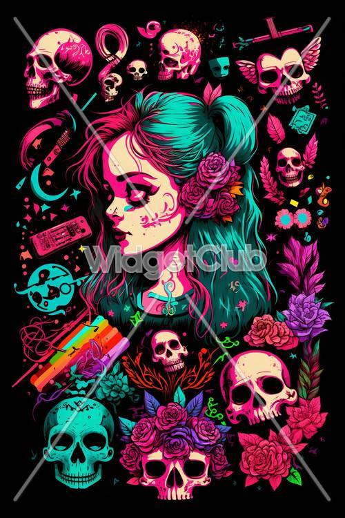 Colorful Fantasy Girl with Skulls and Flowers Background