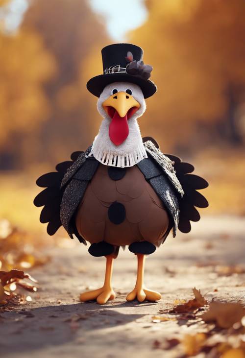 一隻卡哇伊風格的火雞，戴著朝聖者的帽子，在秋季背景中行走