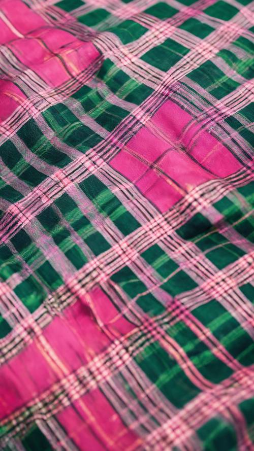 Яркий зелено-розовый узор в клетку тартан, покрывающий летнее пальто в стиле преппи.