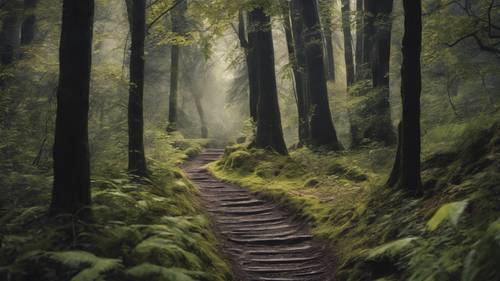 Una imagen de un misterioso sendero en la Selva Negra, con una cita inspiradora sobre el descubrimiento superpuesta sobre el follaje.