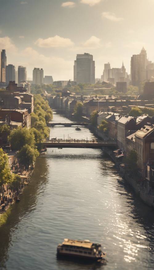 Một thành phố nhộn nhịp bị chia cắt bởi một dòng sông rộng, lấp lánh dưới ánh nắng giữa trưa.