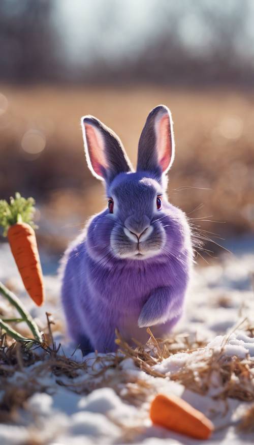 Un juguetón conejo morado royendo alegremente una zanahoria en un prado cubierto de nieve bajo la suave luz de la mañana.