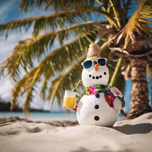 A humorous scene of a snowman clad in a floral Hawaiian shirt and sunglasses, sipping on a coconut under a white Christmas palm tree.