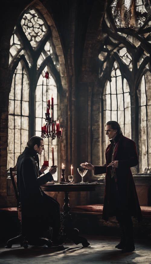 Two vampires in a historic gothic castle, discussing their plots over a glass of blood.