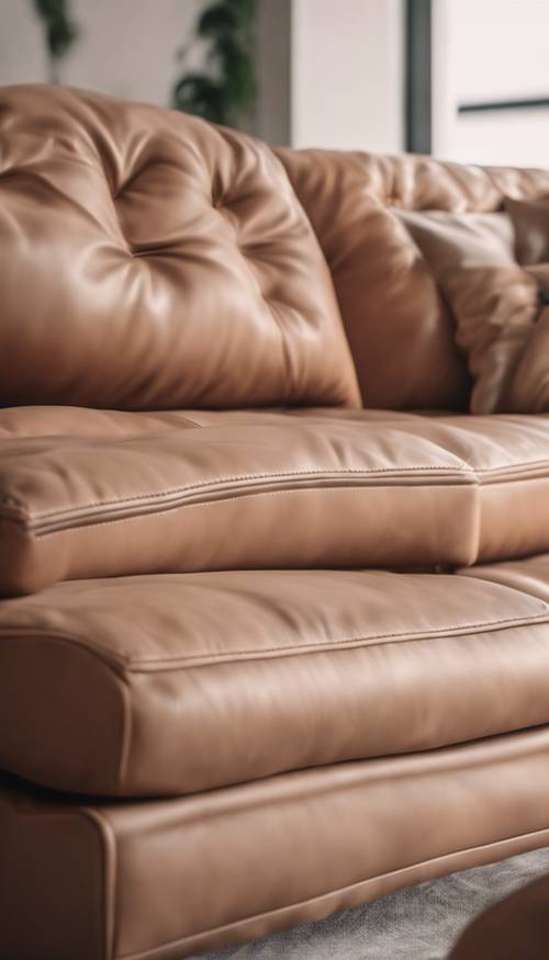 Um sofá de couro italiano marrom pastel em uma espaçosa sala de estar moderna
