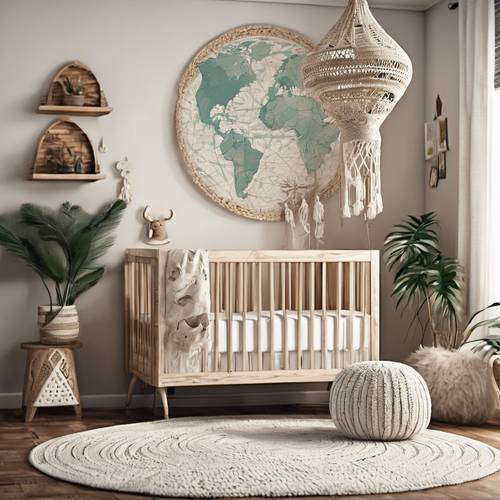 A modern boho nursery with a macrame mobile over the crib, an illustrated world map on the wall, and a Moroccan pouf.