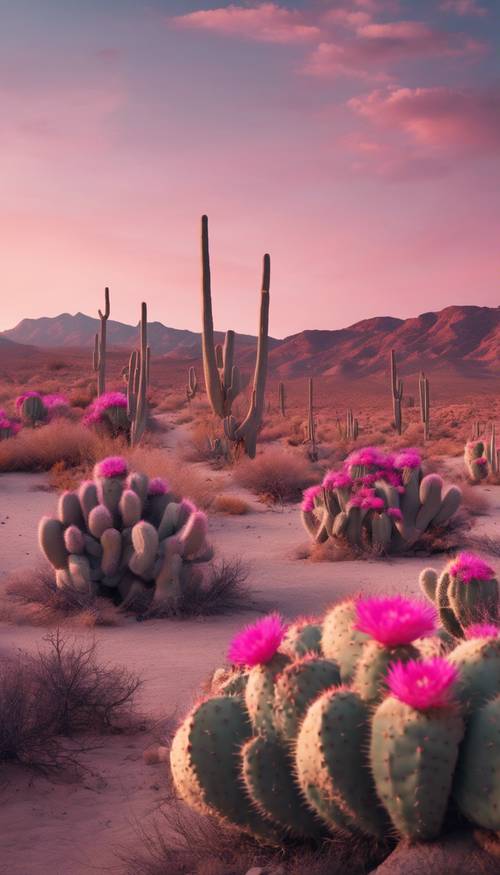 Un sereno paisaje desértico al atardecer, acentuado por luminosos cactus rosas.