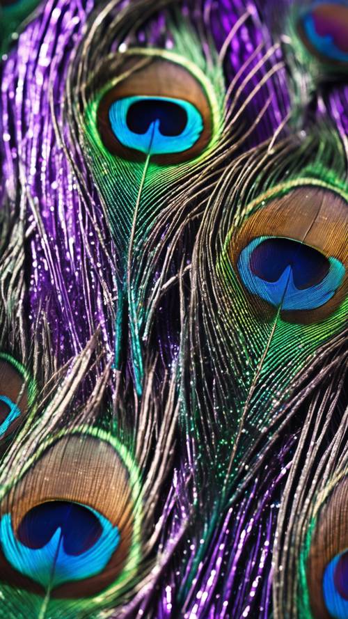 A close-up of shimmering blue and purple peacock feathers in sunlight.
