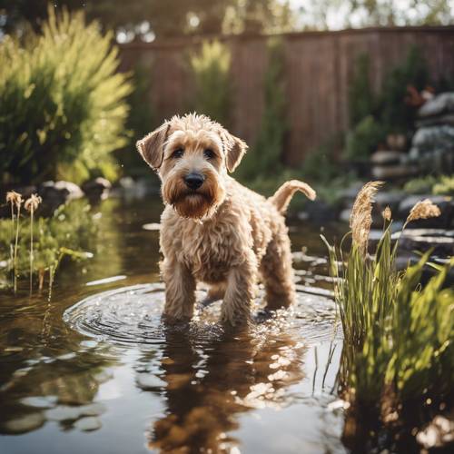 A soft-coated Wheaten Terrier puppy wading cautiously into a small backyard pond. Tapeta [261c72e89cac4426a49b]