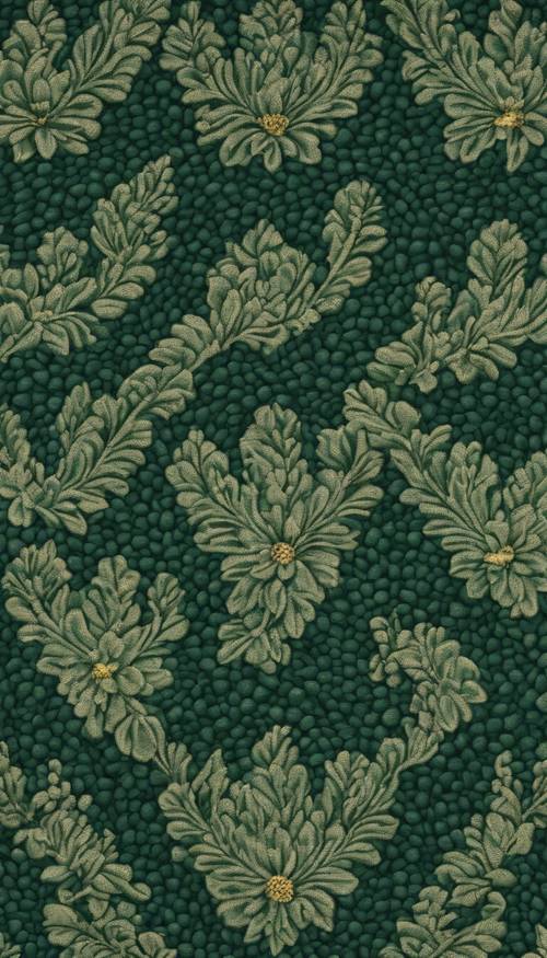 Floral motif woven into dark green brocade.