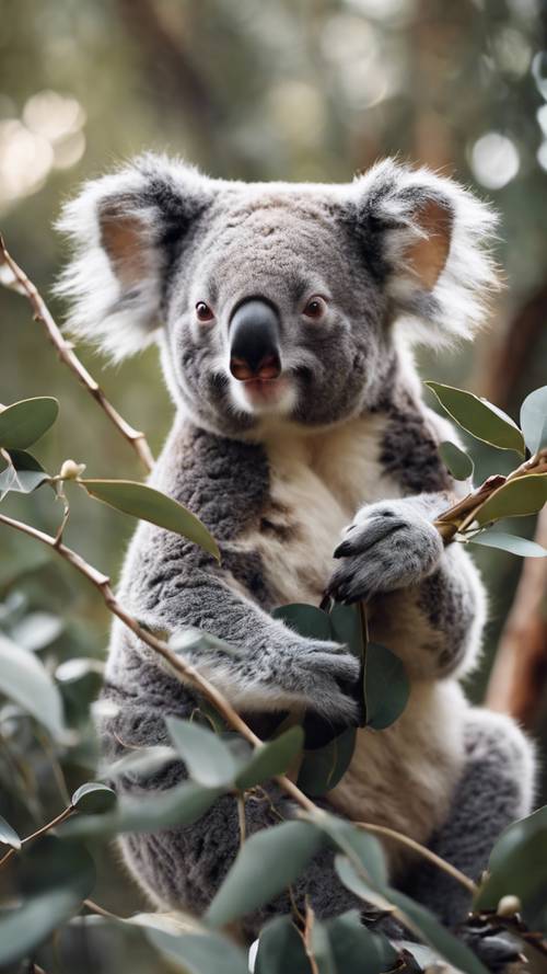 かわいらしいグレーのコアラが木の枝にしがみついてユーカリの葉を食べる様子