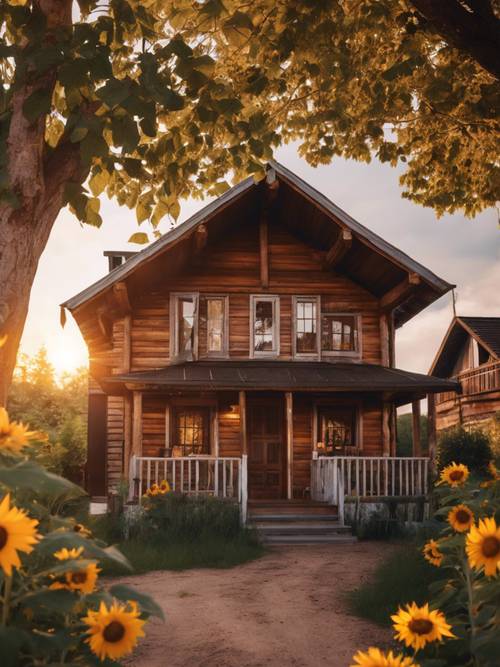 A cozy wooden timber house with a porch decorated with sunflowers at sunset