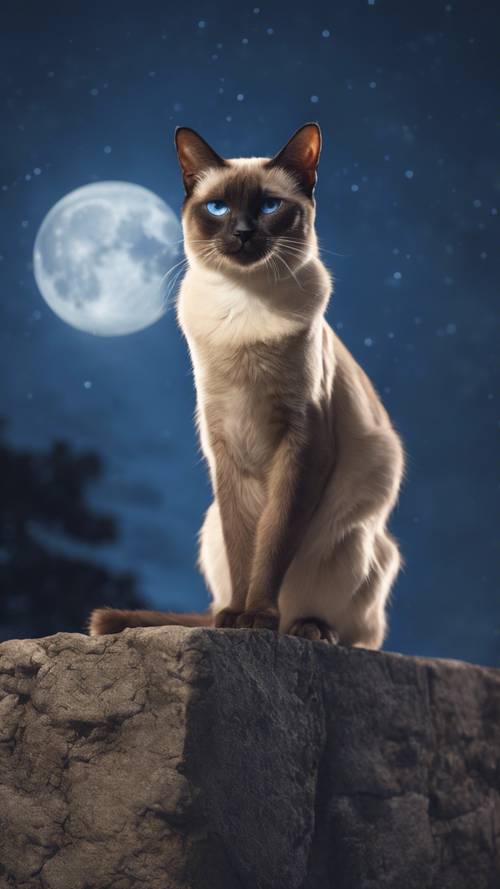 A majestic Siamese cat perched on a stone fence under a full moon. Wallpaper [e830edb4ec814071969f]