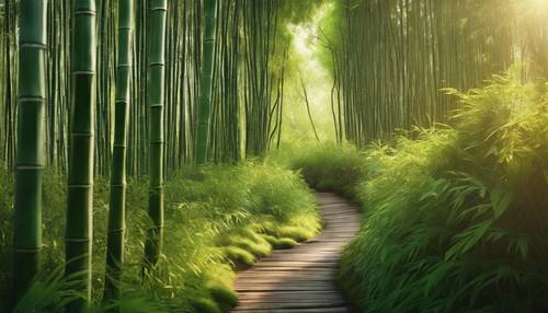 Um caminho estreito que serpenteia por uma densa floresta de bambu com a luz do sol aparecendo.